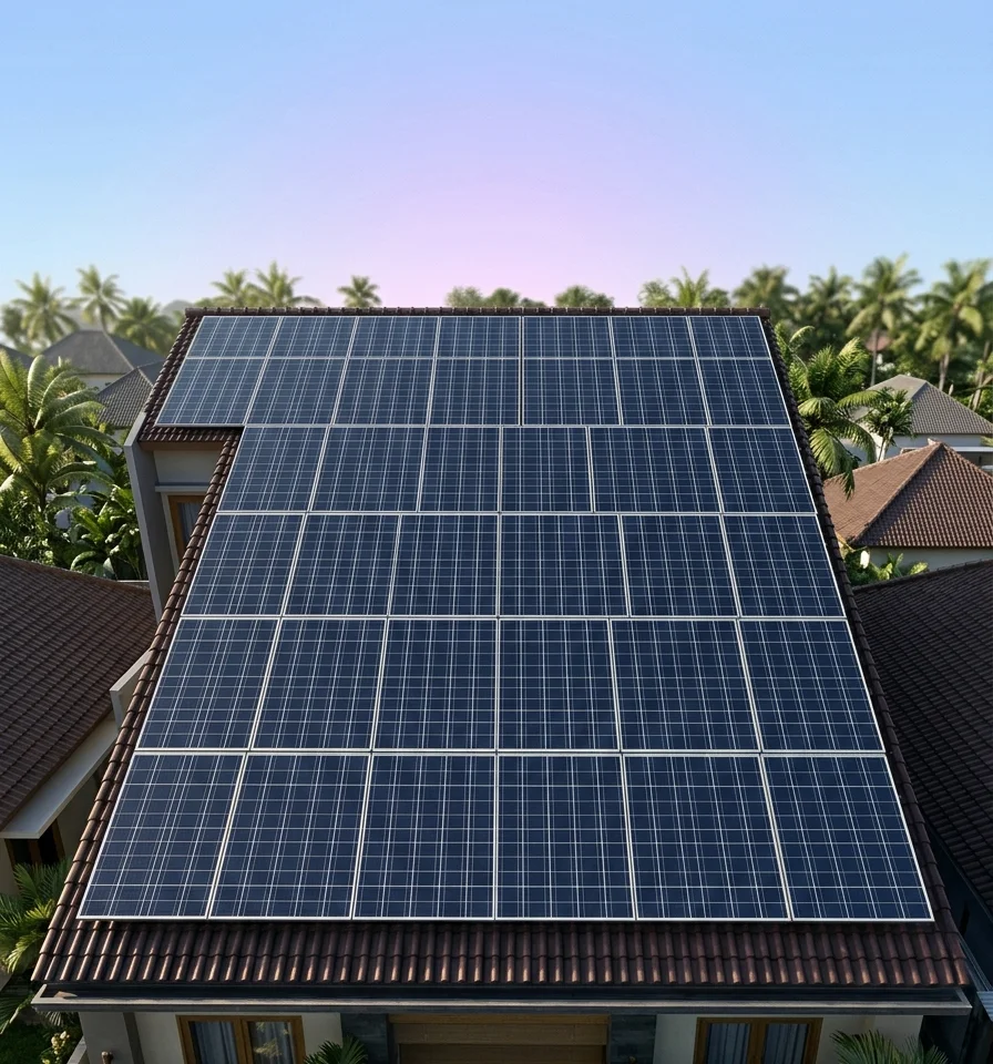 Array panel surya half-cell monocrystalline terpasang menutupi atap rumah tropis Indonesia
