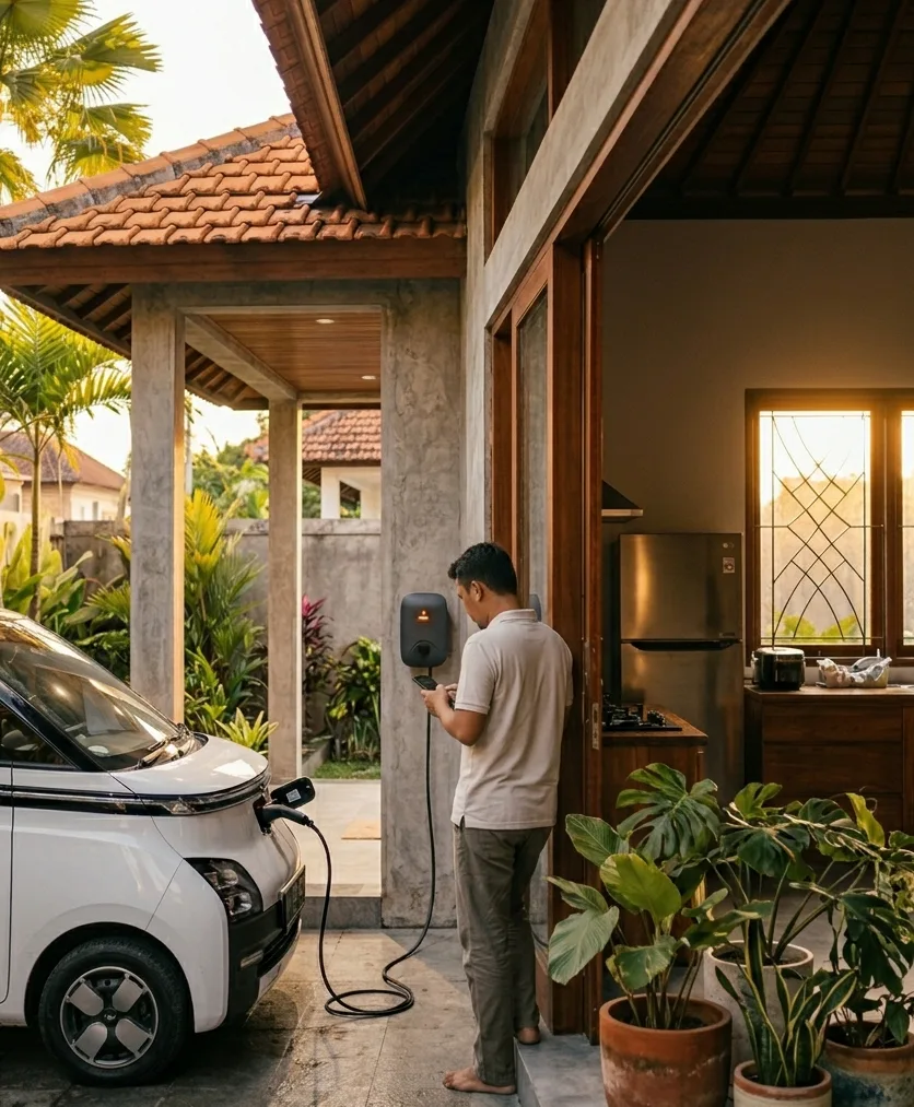 Rumah Indonesia warm golden-hour, mobil listrik di carport, pemilik rumah sedang cek charger