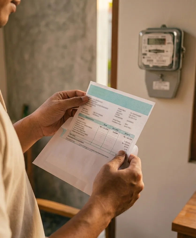 Tangan memegang tagihan listrik terbuka, background meteran listrik rumah