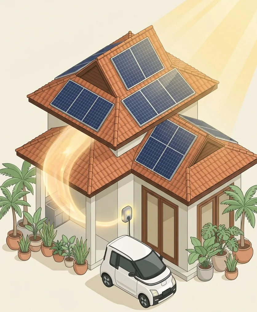 Ilustrasi isometric rumah Indonesia dengan panel surya di atap, sinar matahari, aliran energi kembali ke rumah